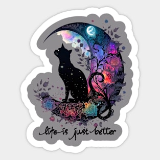 Celestial Black Cat Gazing At Full Moon Pretty Kitty Lover Sticker